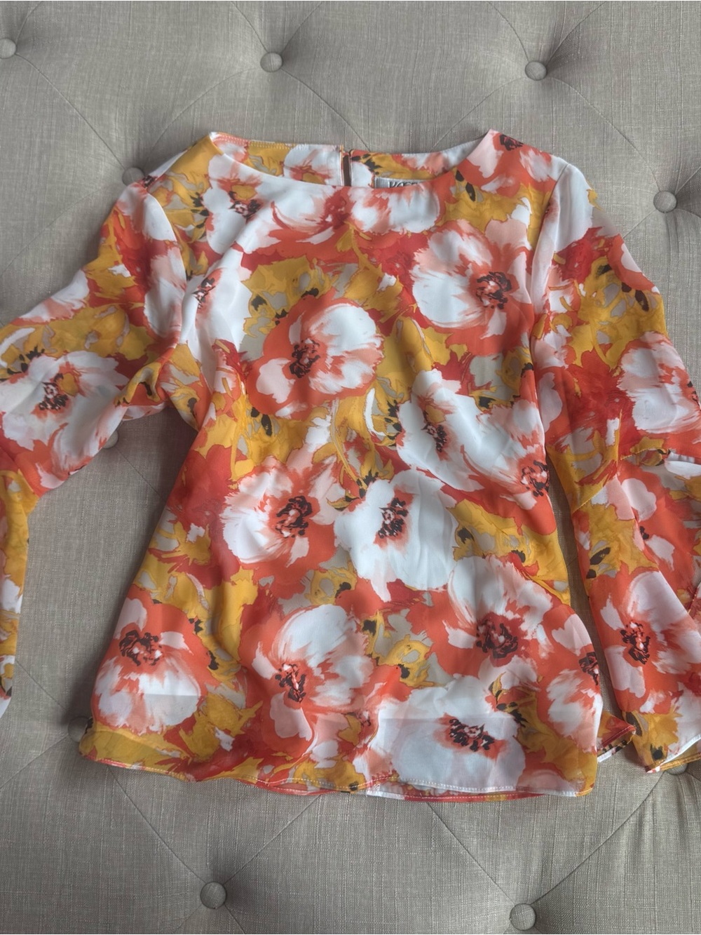 Kasper Floral Blouse in White, Coral & Mustard